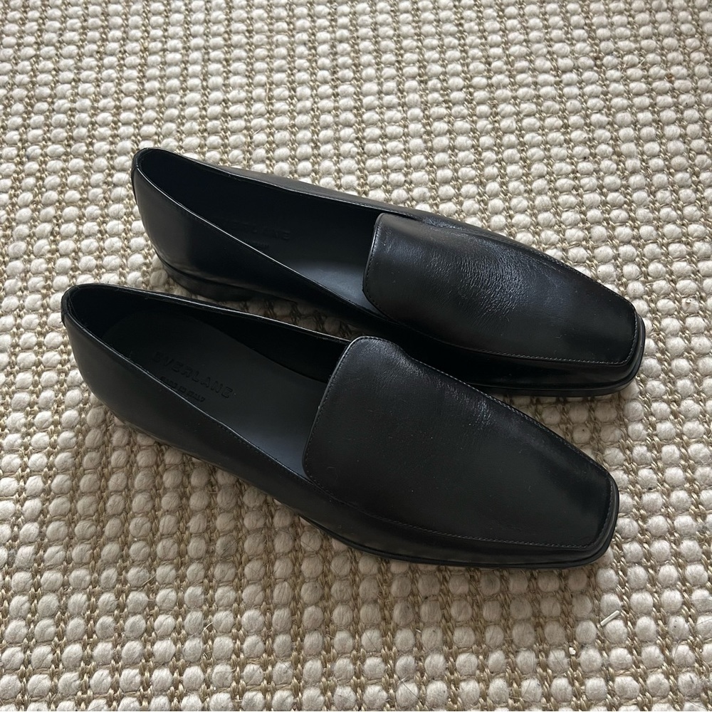 Everlane black leather square-toe loafers